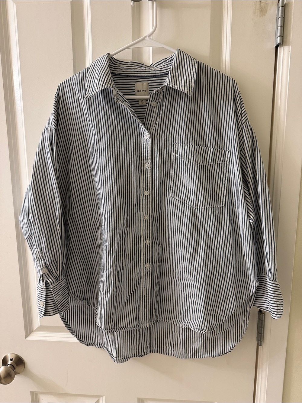 Maeve Navy and White Striped Button-Down Shirt